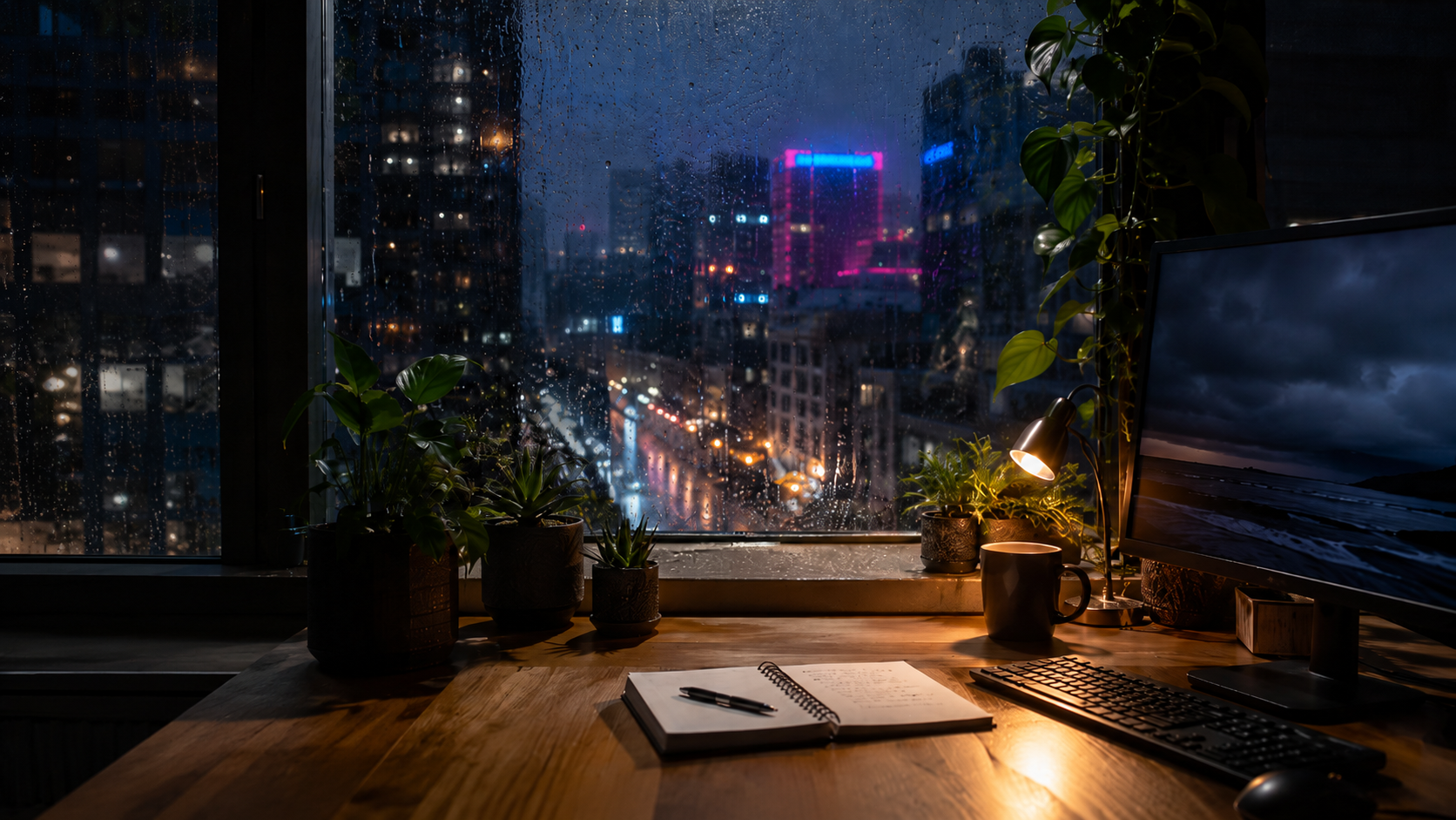 Warm rainy apartment visual world for an online study room in Calphii